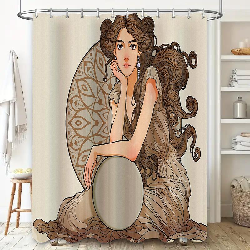 Vintage Art Nouveau Girl Bathtub Shower Curtain Botanical Floral Patterned Bathroom Decor Washable Home Textile Home Decor