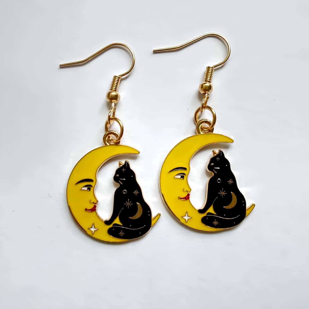 

Gothic Mystical Crescent Moon Face Black Cat Star Celestial Dangle Earrings for Women Halloween Witchy Aesthetic Jewelry Gifts