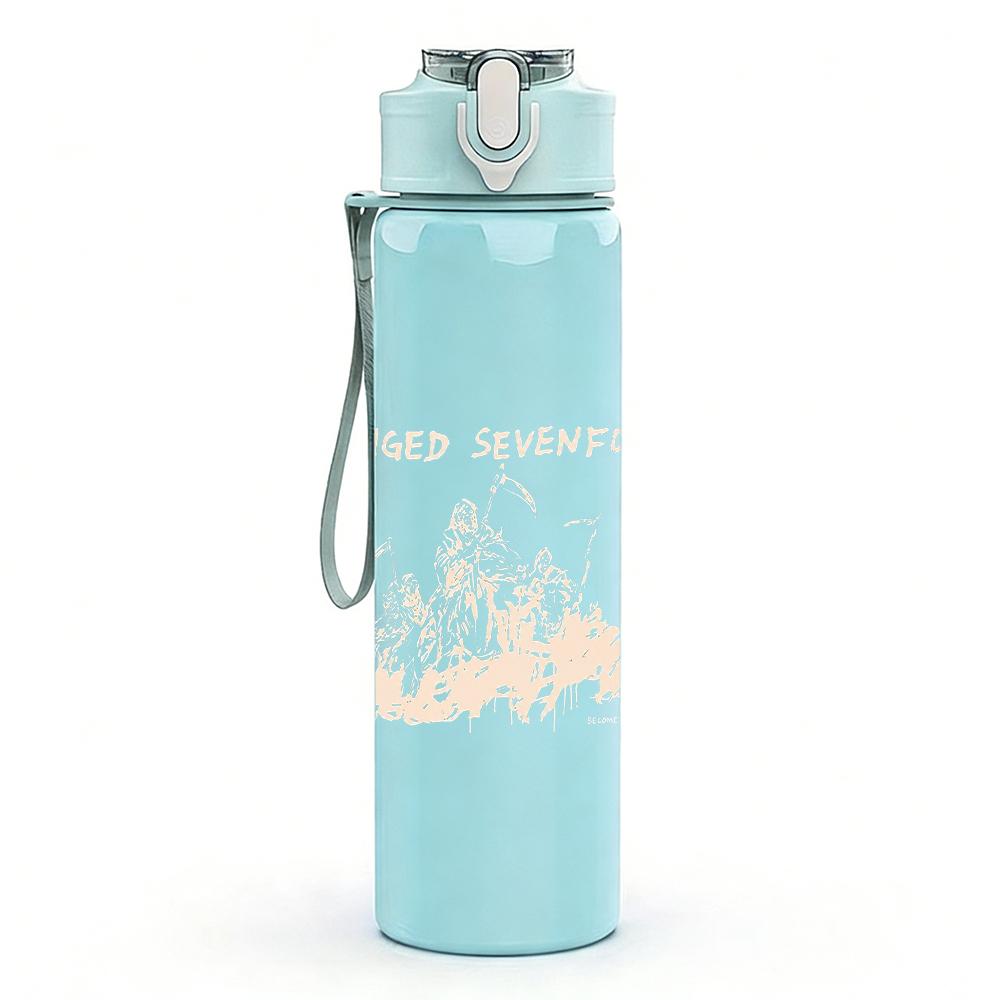 1PC Faint pale band text sketch print 750ml colorful plastic sports water bottle leakproof pop up lid with straw for outdoor work home use