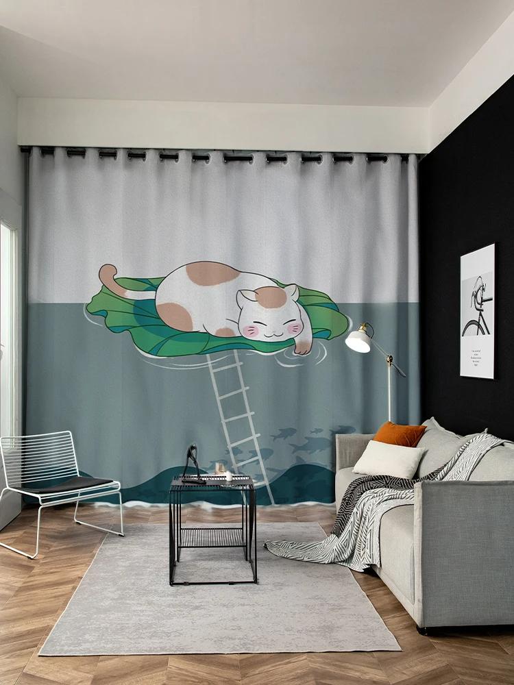Cute Children Kitten High Shading Curtain Heat Insulation Drape Bedroom Home Living Room Bay Window Partition Curtain 2PCS