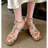 Romantic bohemian style~ retro exotic rhinestone chain high heel sandals women's thin heel light luxury high ji feeling