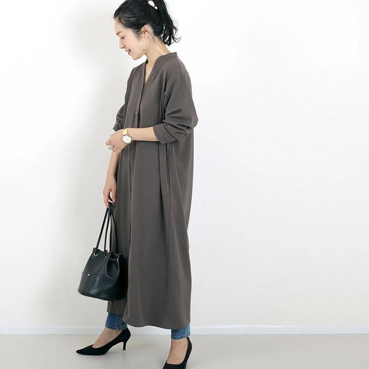 Autumn and Winter Shirt Base Dress for Women Solid Color Loose Casual V-neck Long Skirt for Outdoor Wear