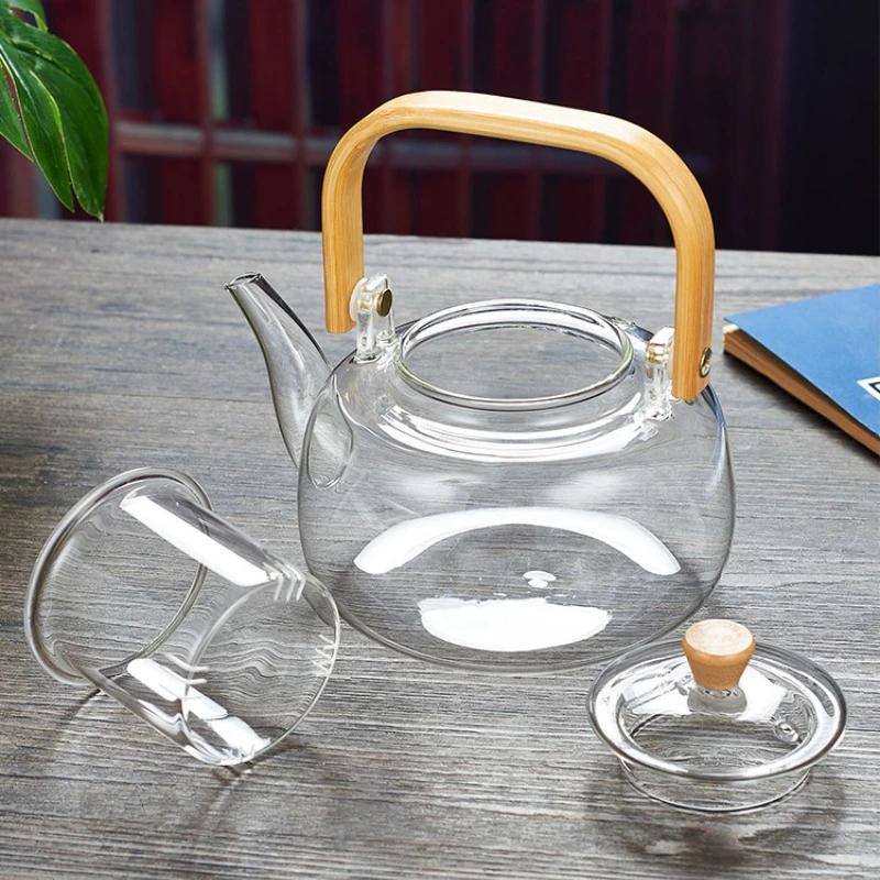 1000/1200ml High Borosilicate Glass Teapot Chinese Tea Ceremony Clear Teapot with Filter Wood Handle for Electric Ceramic Stove