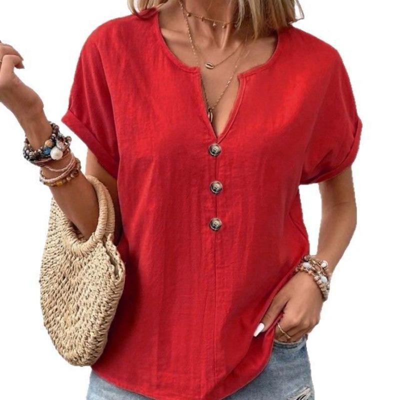Women V Neck Linen Blend T Shirt Short Sleeve Button Detail Casual Top