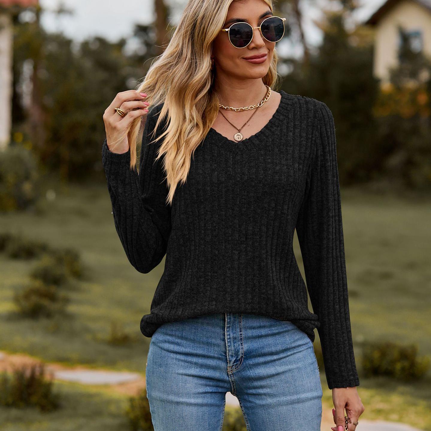 

Осенняя женская одежда, однотонный топ с v-образным вырезом и полоской, футболка с длинными рукавами S чёрный