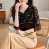 New Spring and Autumn Women's Style O-Neck Long Sleeve Slim Gauze Printed Temperament Pullovers Trendy Commute All-match Tops