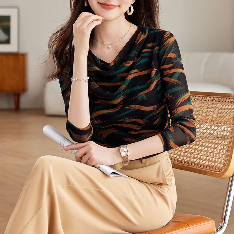 New Spring and Autumn Women's Style O-Neck Long Sleeve Slim Gauze Printed Temperament Pullovers Trendy Commute All-match Tops