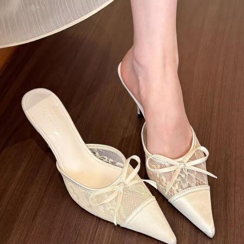 New Style Popular Mesh Embroidered Flowers Thin Heels Sandals Women Summer Sexy Slingback Pointed Toe Pumps Dress Shoes Sandals
