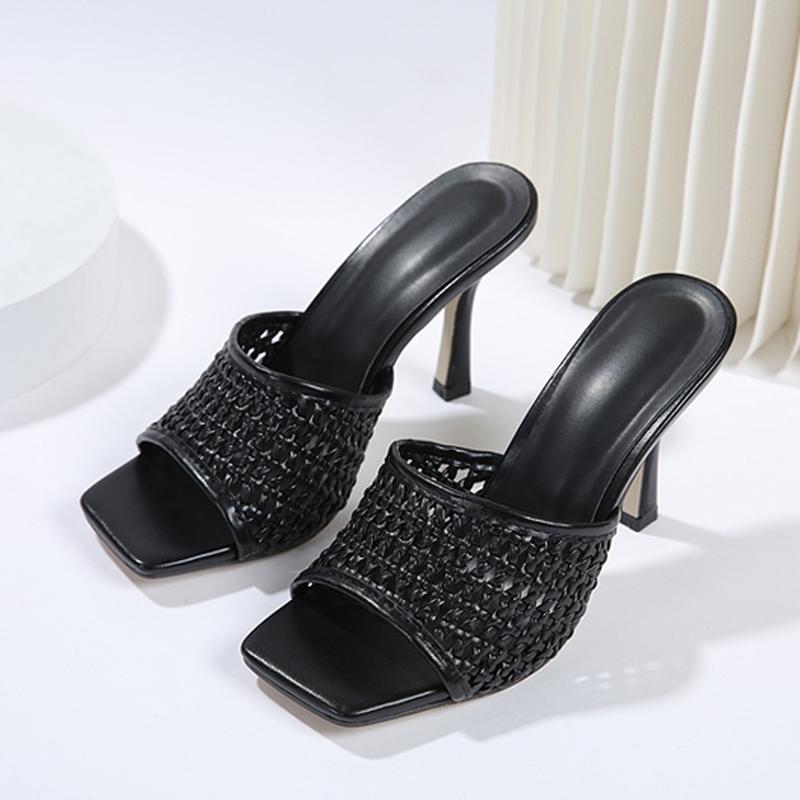 Fashion Liyke Brand Fashion Handmade Weave Mesh Women's 9CM Thin Heels Slippers Sandals Summer Square Open Toe Party Prom Shoes Pumps