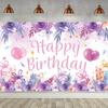 2D Watercolor Floral Happy Birthday Backdrop Purple Rose Pink Balloon Background