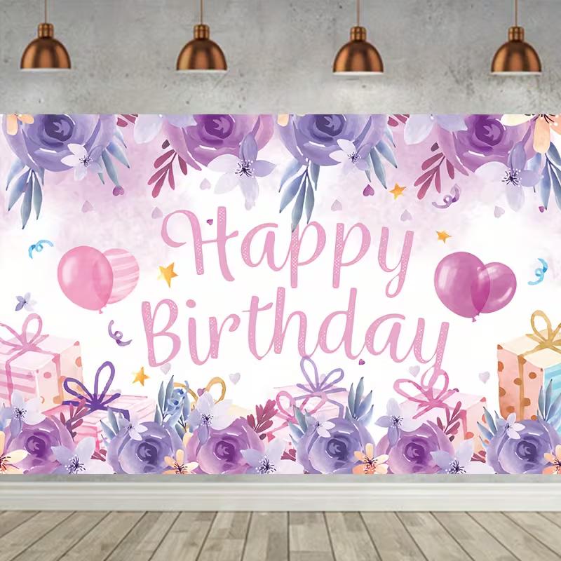 2D Watercolor Floral Happy Birthday Backdrop Purple Rose Pink Balloon Background