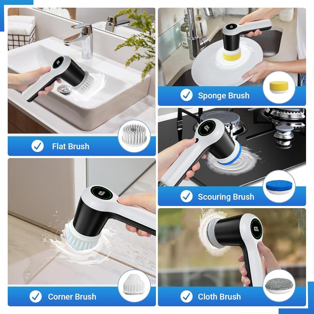 Electric Spin Scrubber, Cordless Shower Scrubber with Battery Level Display, 2 Speeds Electric Scrubber for Cleaning with 6 Replaceable Heads,