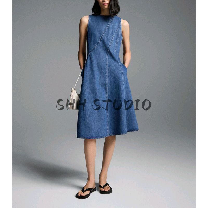 MD Fall Women's Clothing Casual Minimalist Stylish Seam Mid Length Long Length Sleeveless Denim Dress 6640800