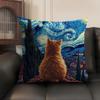Van Gogh Starry Night Cat Cushion Cover Natural Linen Organic Fabric Double-Sided Printing Sofa Home Decor Gift Pillow Case