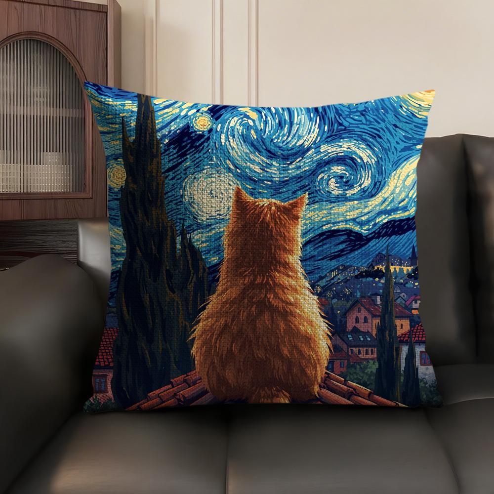 Van Gogh Starry Night Cat Cushion Cover Natural Linen Organic Fabric Double-Sided Printing Sofa Home Decor Gift Pillow Case