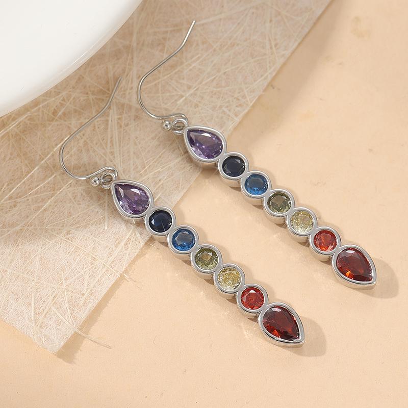 Silver Color Metal Long Inlaid with Multicolored Stones Dangle Earrings for Women Jewelry
