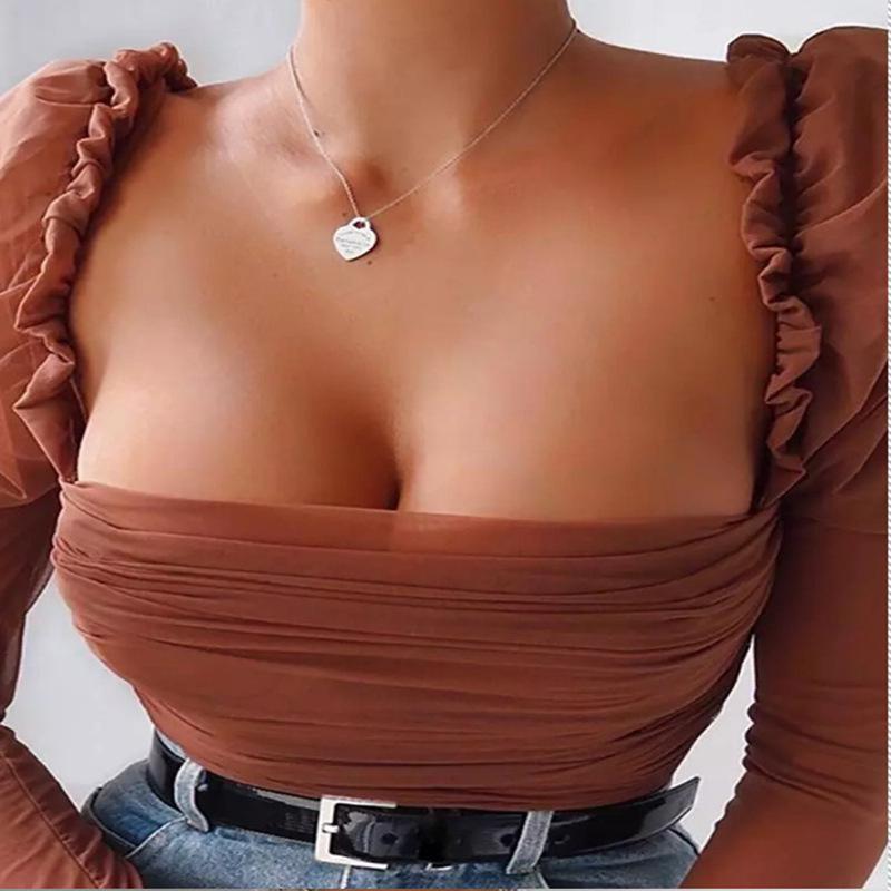 

Лоскутные кружевные сетчатые укороченные топы в стиле 90-х, летние футболки, женские модные футболки с квадратным вырезом и длинными рукавами для женщин, черные, белые сексуальные футболки XL кофейный