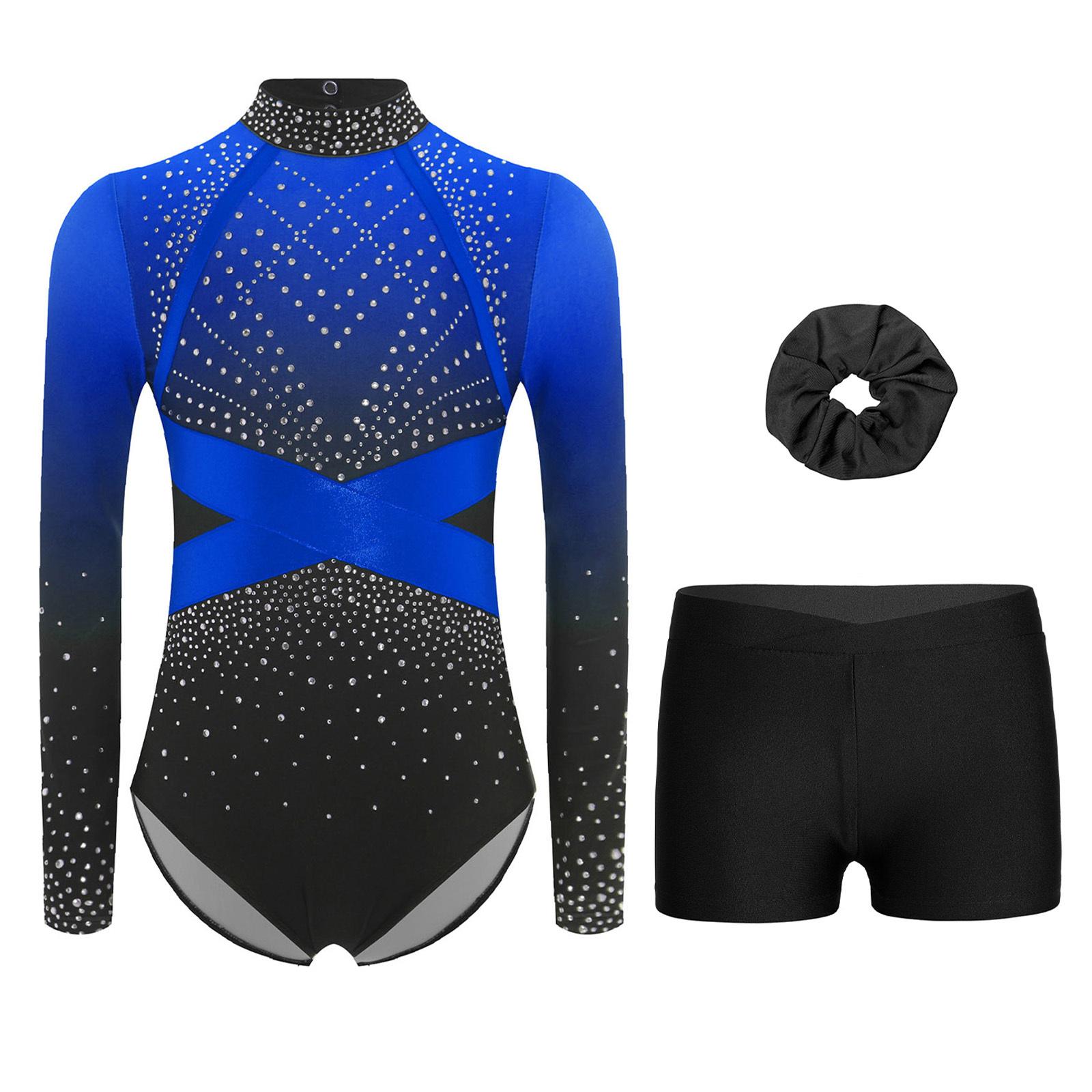 

Girls Gymnastics Leotard Long Sleeve Shiny Rhinestones V Front Elastic Waistband Shorts Dance Performance Outfit