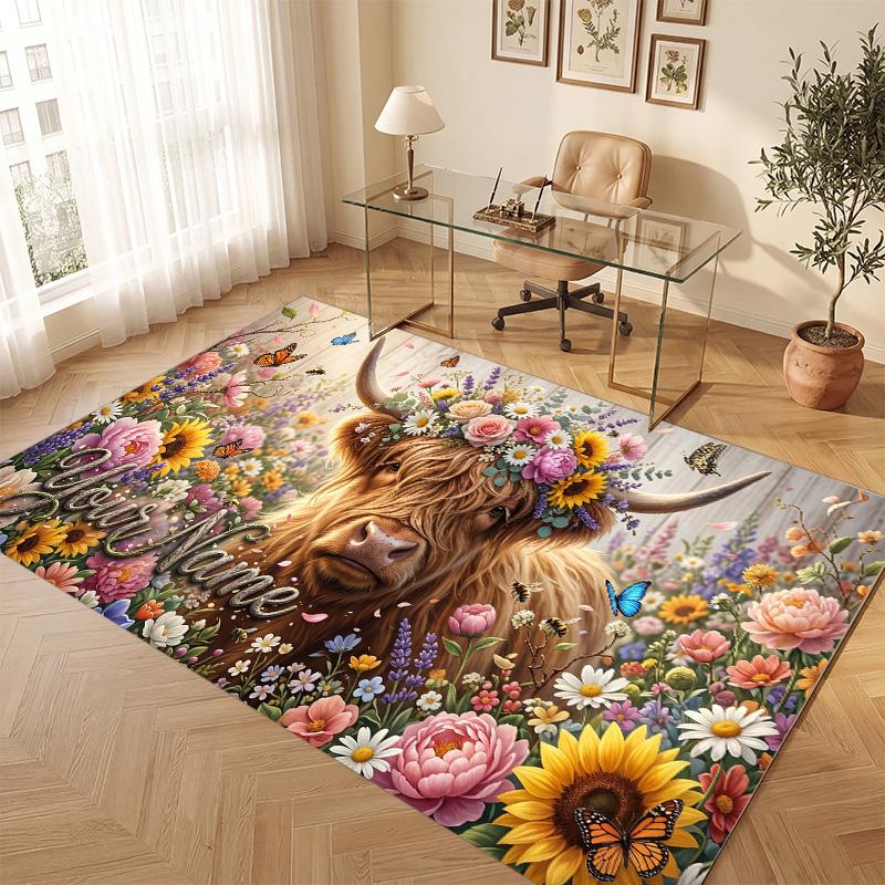 Highland Cow Theme Soft Crystal Velvet Rug Custom Name & Text Print Non Slip Floor Rug for Bedroom Living Room