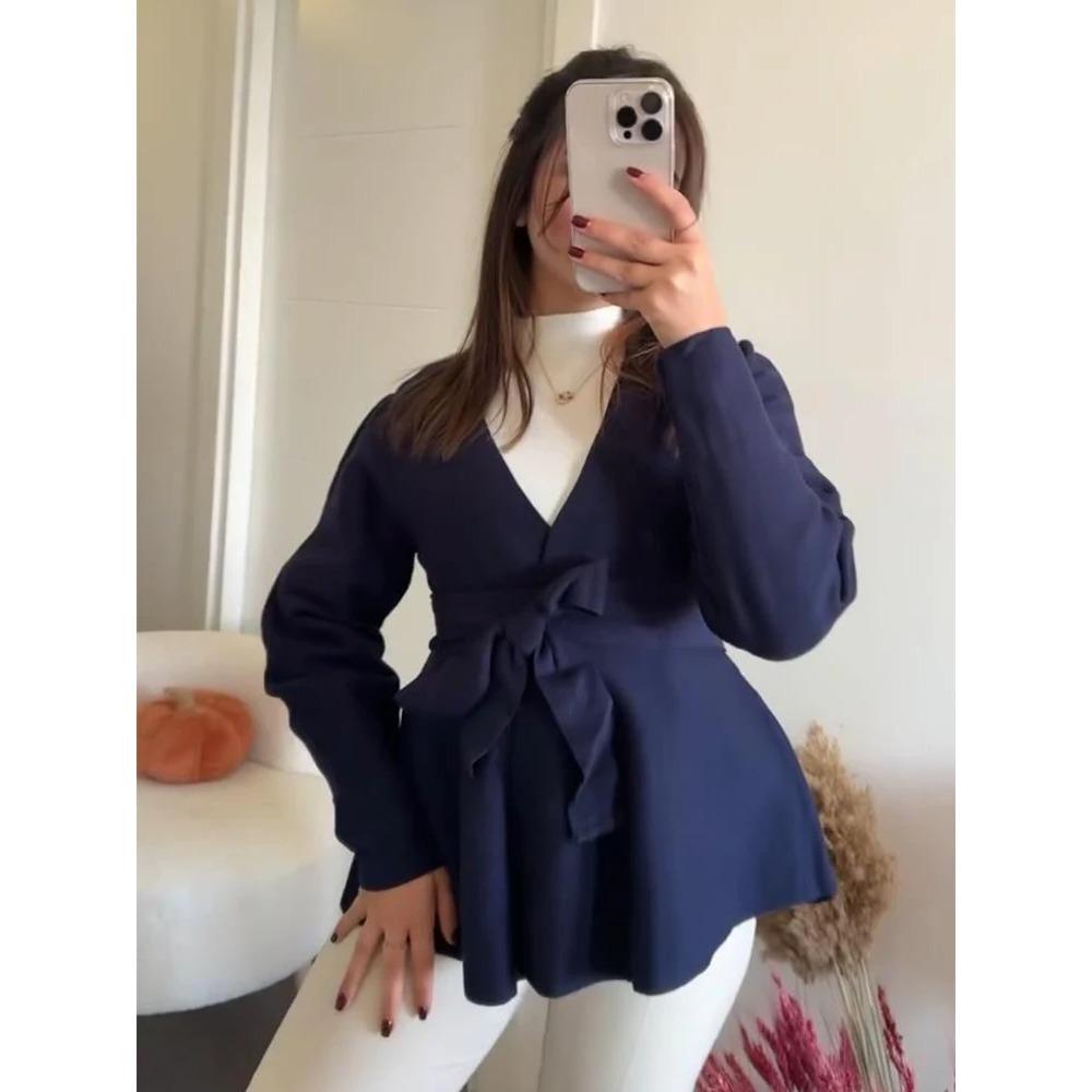 Schnürgürtel Strickjacken Mäntel Damen Einfarbig Slim V-Ausschnitt Handgelenksärmel Damenjacken Mode Damenoberbekleidung