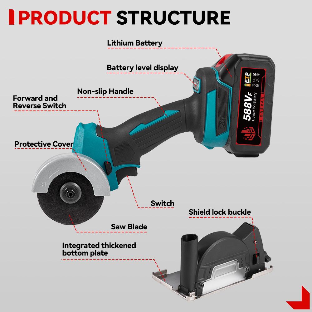 ONEVAN Brushless Angle Grinder 76mm Speed Variable Cordless Electric Grinding Cutting Woodworking Tool For Makita 18V Battery