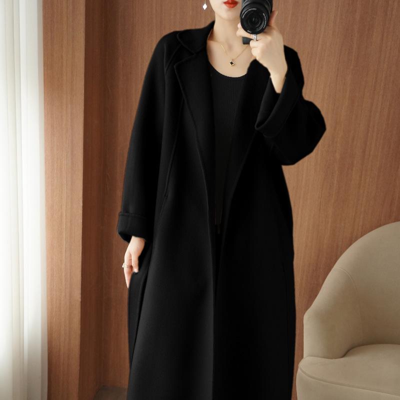 Women's Mid-Length Wool Coat with Side Slits, Lapel Collar, Belt, and Loose Plus Size Fit