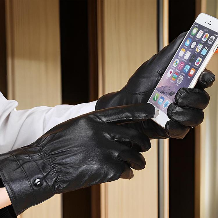 Guanti in Pelle Uomo Invernali da Equitazione Plus Velluto Ispessiti Caldi Antivento Impermeabili Touch Screen Inverno Equitazione Moto Crema
