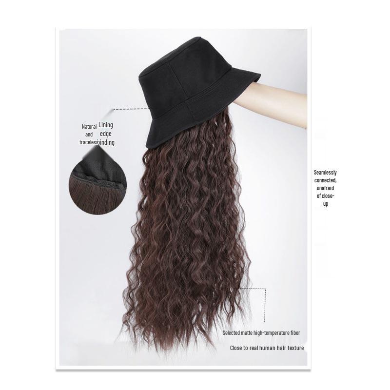 Chapéu Peruca Feminino: Chapéu Balde de Cabelo Liso Longo com Opção de Ondas Cacheadas para Início do Outono