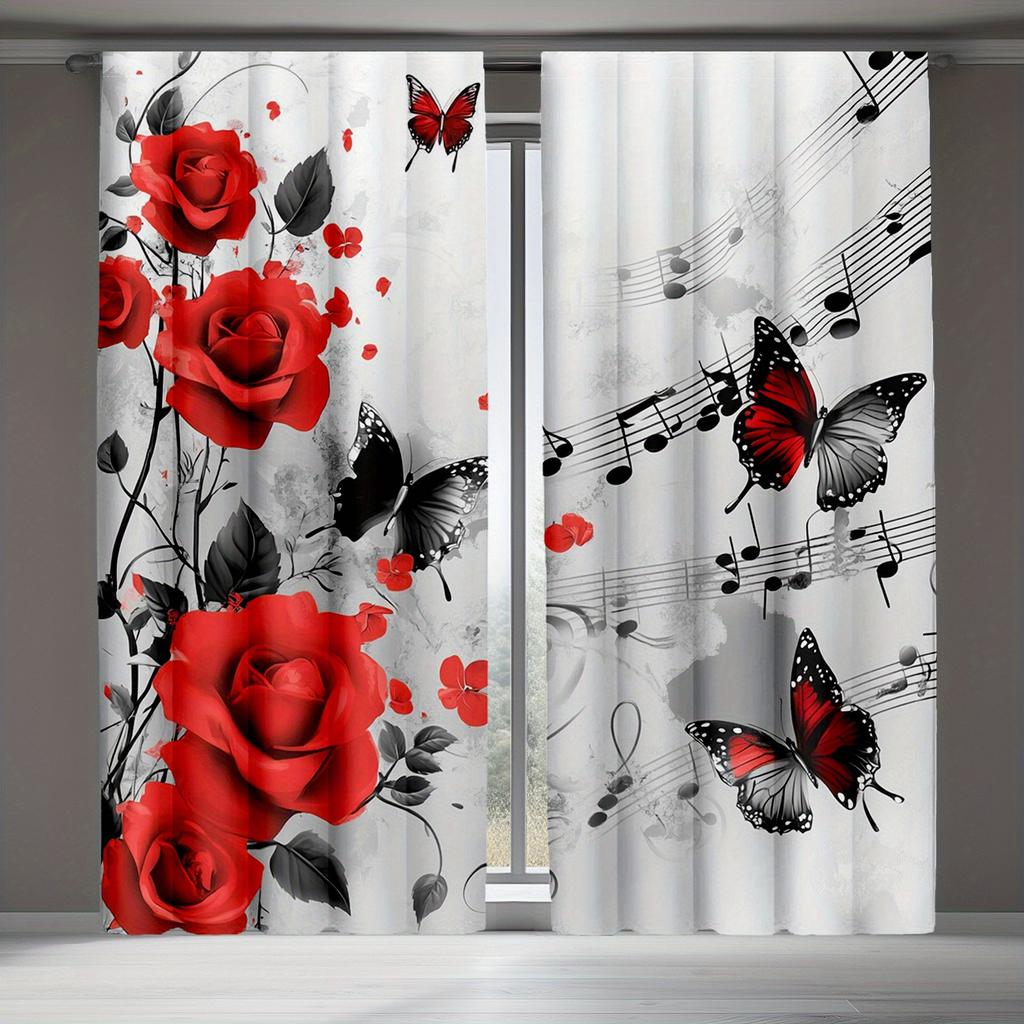 Set Of 2 Red Rose Butterfly Print Curtains Polyester Fabric Suitable Bedroom Living Room Decoration Curtain Machine Washable Perfect For Area