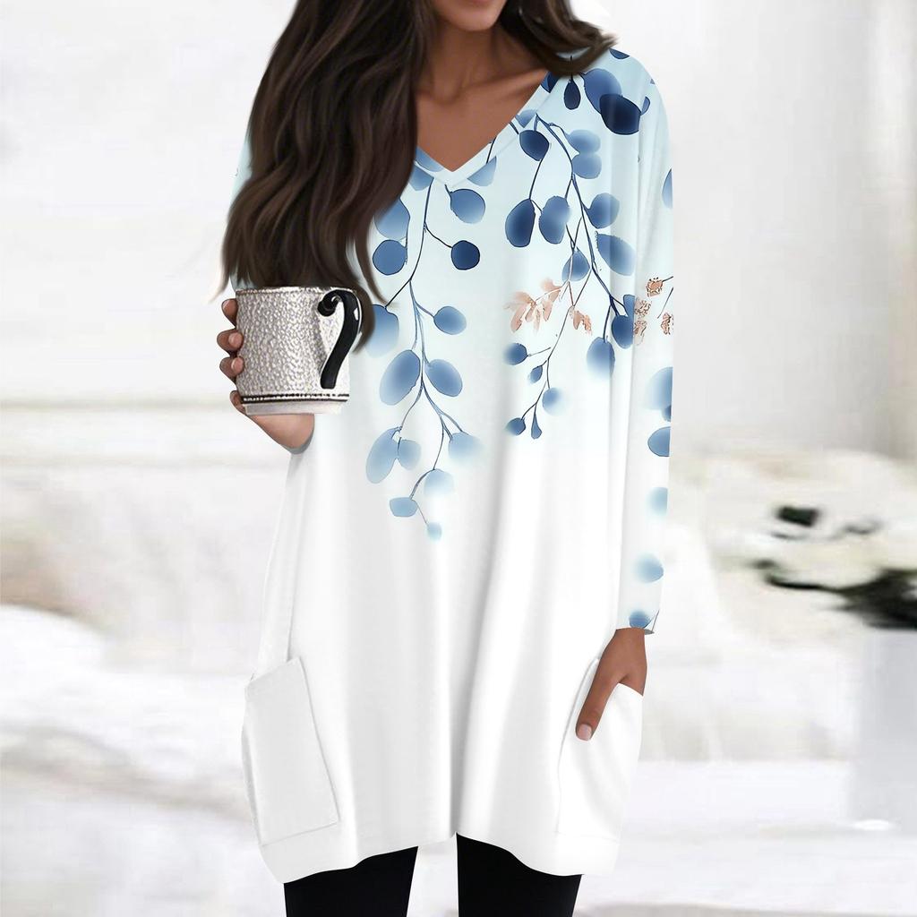 Damen Oberteile V-Ausschnitt Langarm Blusen Lässige Mittellange Hemden Mode Druck Tunika Oberteile Mit Taschen