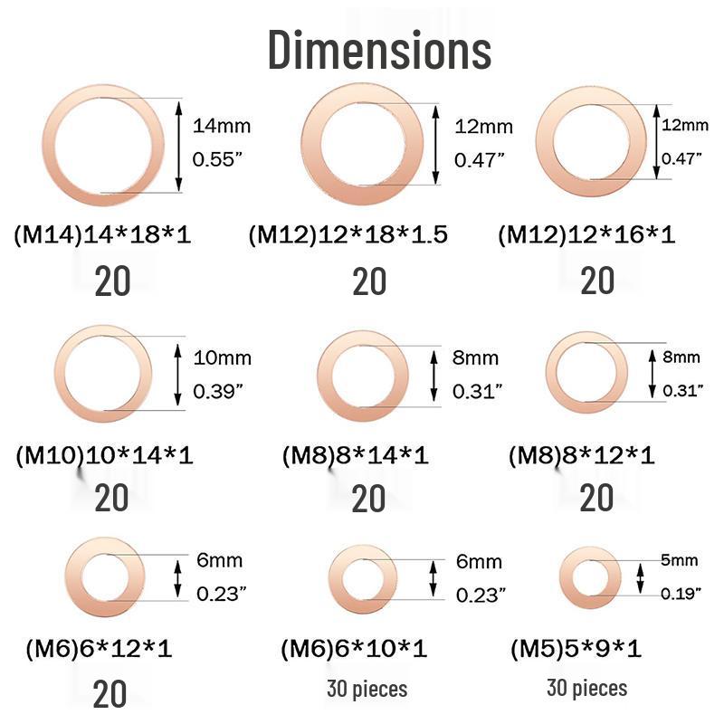 200-Piece Purple Copper Sealing Washers Set, M5-M14, High Temp & Pressure Resistant Flat Washers