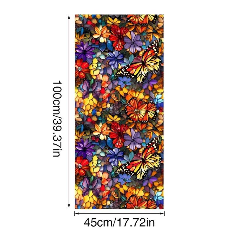 45x100cm Colorful Flower Stained Glass Film Static Cling PVC Privacy Window Film Home Living Room Office Art Decor