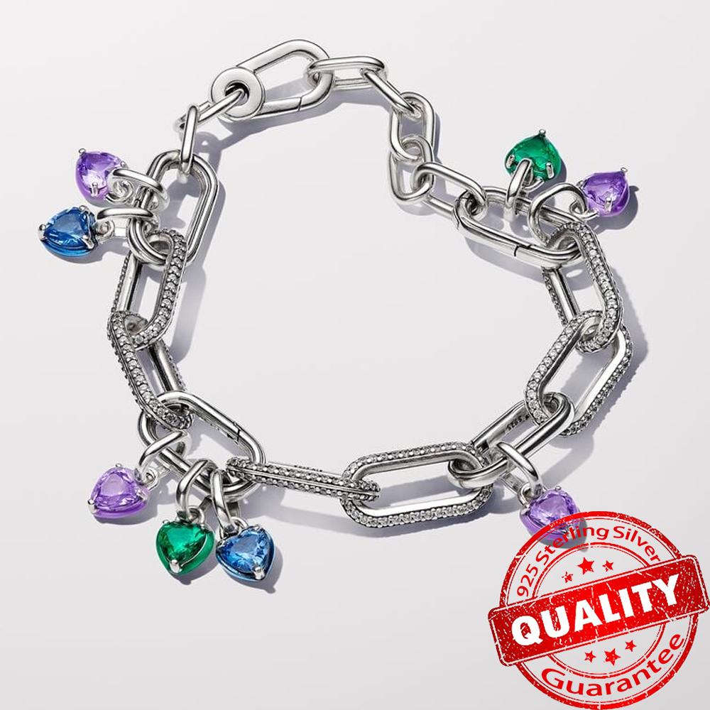 925 Silver Chakra Heart Charm Dangle Pendant for ME Moment Bracelet Colorful Enamel Crystal Jewelry Gift