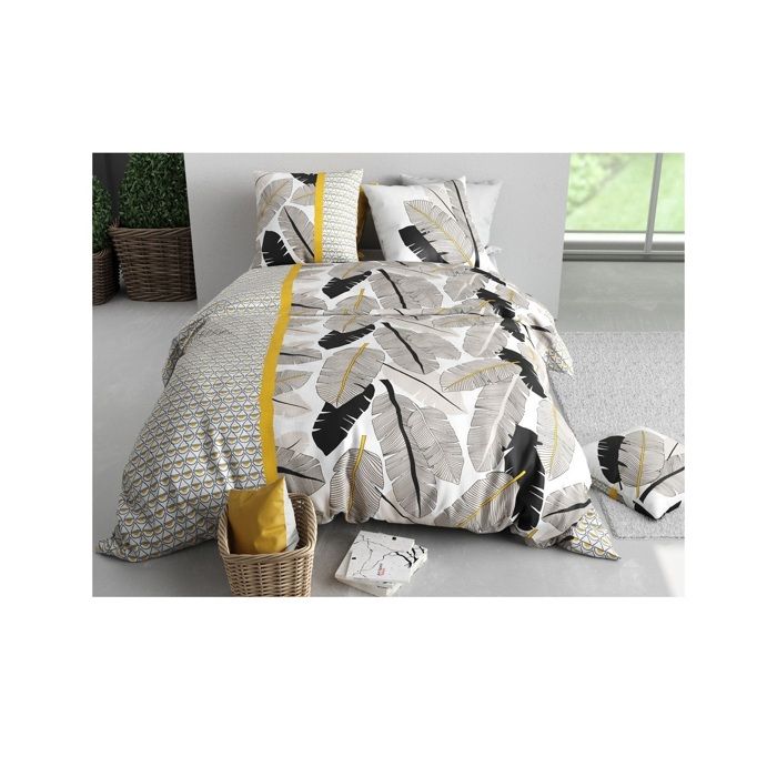 Parure De Lit - Housse Couette + 2 Taies - 260 X 240 Cm - Motif Plumes - 100% Coton Doux