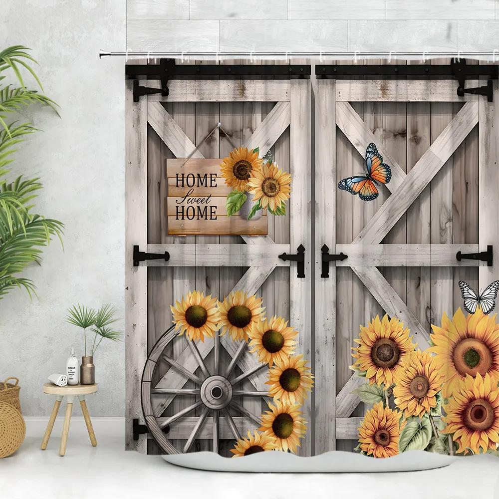 

Vintage Shower Curtain, Farm Spring Floral Rustic Planks Greenery Leaf Wheel Butterfly Polyester Fabric Print Bathroom Decor Set 90x180cm