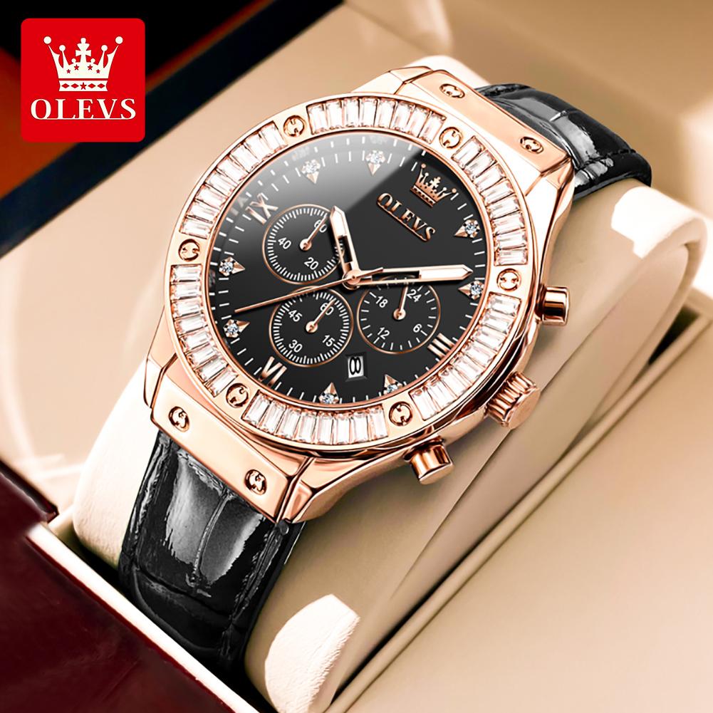 OLEVS 9978 Original Quarz Damenuhr Mode Lederarmband Luxus Diamantlünette Wasserdicht Leuchtend Chronograph Damenuhr
