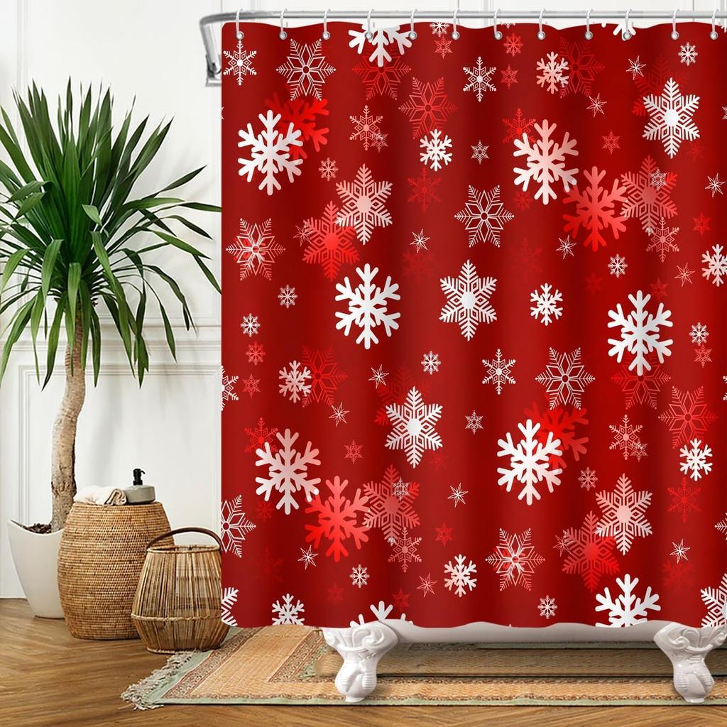 Red Snowflake Christmas Shower Curtain Set With Hooks, Winter Xmas Theme Waterproof Bathroom Decor For Holiday
