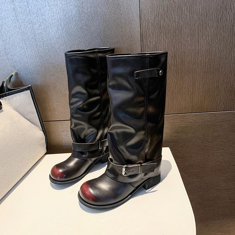 Autumn Winter Thick Heel Women Western Cowboy Boots Fashion Belt Buckle Slip On Shoes Ladies Vintage Pleated Short Booties