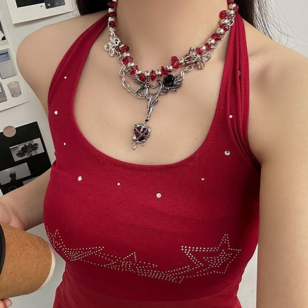 Heart Pendant Crystal Beads Necklace Angle Clavicle Chain Choker Gothic Multilayer Necklace  Gifts