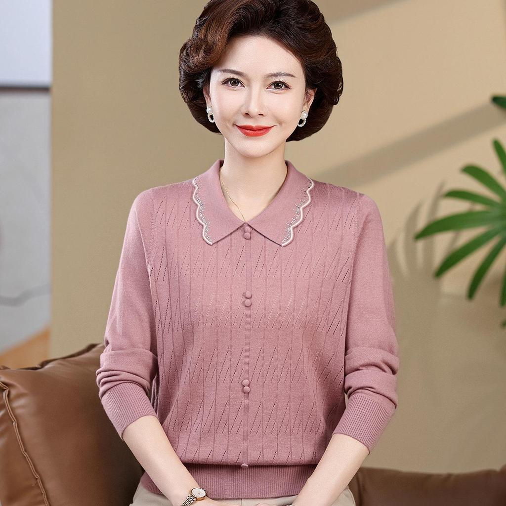 Elegant Knit Long-Sleeve Lapel Top for Middle-Aged Women: Spring/Autumn Casual Wear