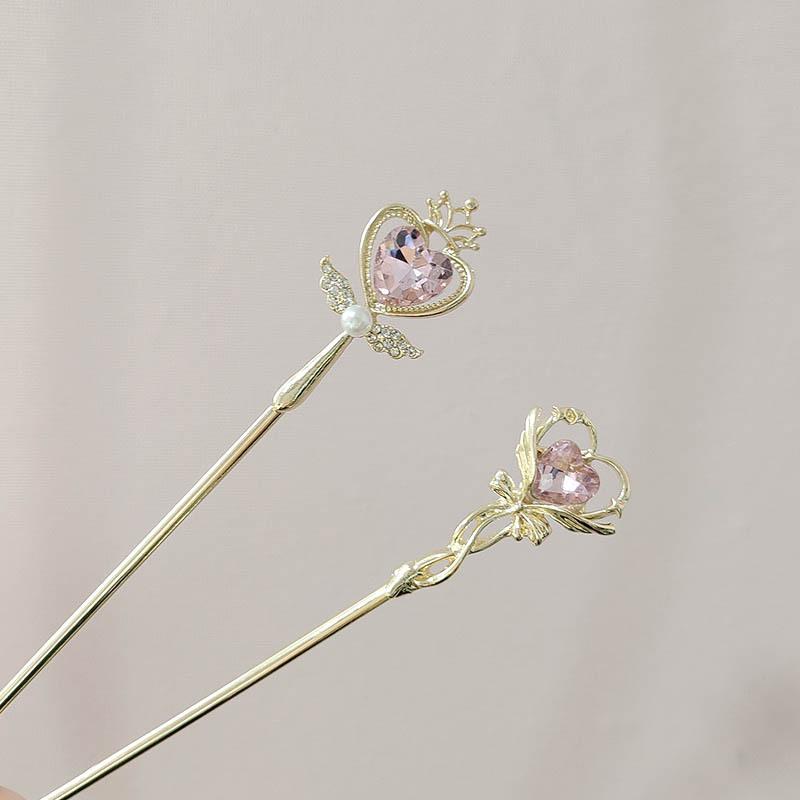 Exquisite Rhinestone Pearl Hair Sticks Sweet Hollow Heart Bow Crown Alloy Jewelry for Women Girls Fashion Party Hair Accessories