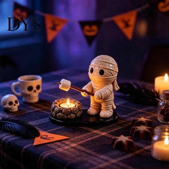 Decorative Resin Ghost Ornaments Halloween Campfire Tealight Holder, Mummy Scarecrow Cozy Home Atmosphere Accessories Candle Stand for Desk,