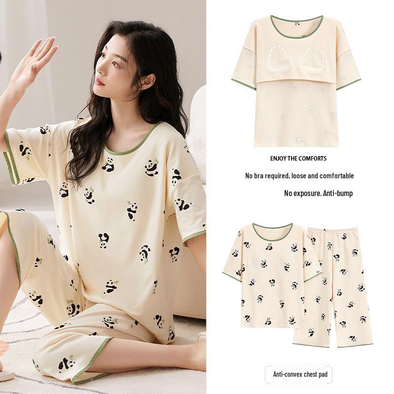 2025 Women's Summer Capri Pajama Set: Short-Sleeve, Thin Cotton with Breast Pads, Versatile for Home or Outside Wear
