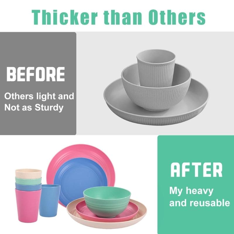 16-teiliges Weizenstroh Schalen und Teller Tassen Set Mehrzweck Leicht Wiederverwendbar Geschirr für Zuhause Küche Camping Gebrauch