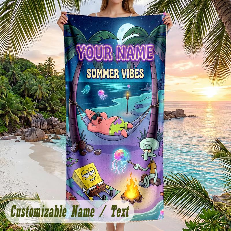 SpongeBob Beach Towel, Personalized Custom Text, Quick Dry Soft Large Towel For Swimming Pool Travel