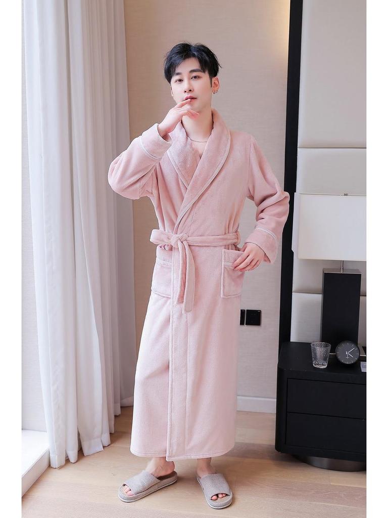 Couple's Coral Fleece Pajama Set: Women's & Men's Long, Thick, Warm Bathrobe for Autumn & Winter