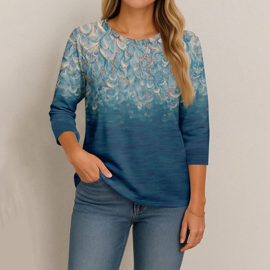 Women's Fashion Casual Round Neck 3/4 Sleeve Loose Printed T-Shirt Ladies Top