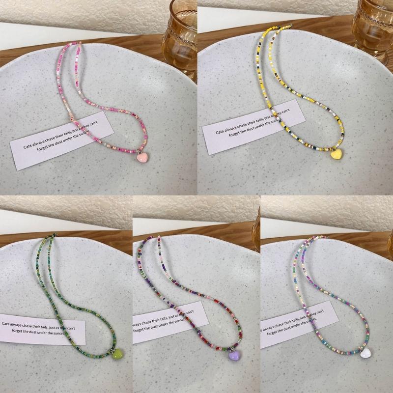 Bohemian Beaded Necklace Summer Rice Bead Love- Necklace Hawaii Beach Necklace Jewelry Suitable for Ladies and Girls