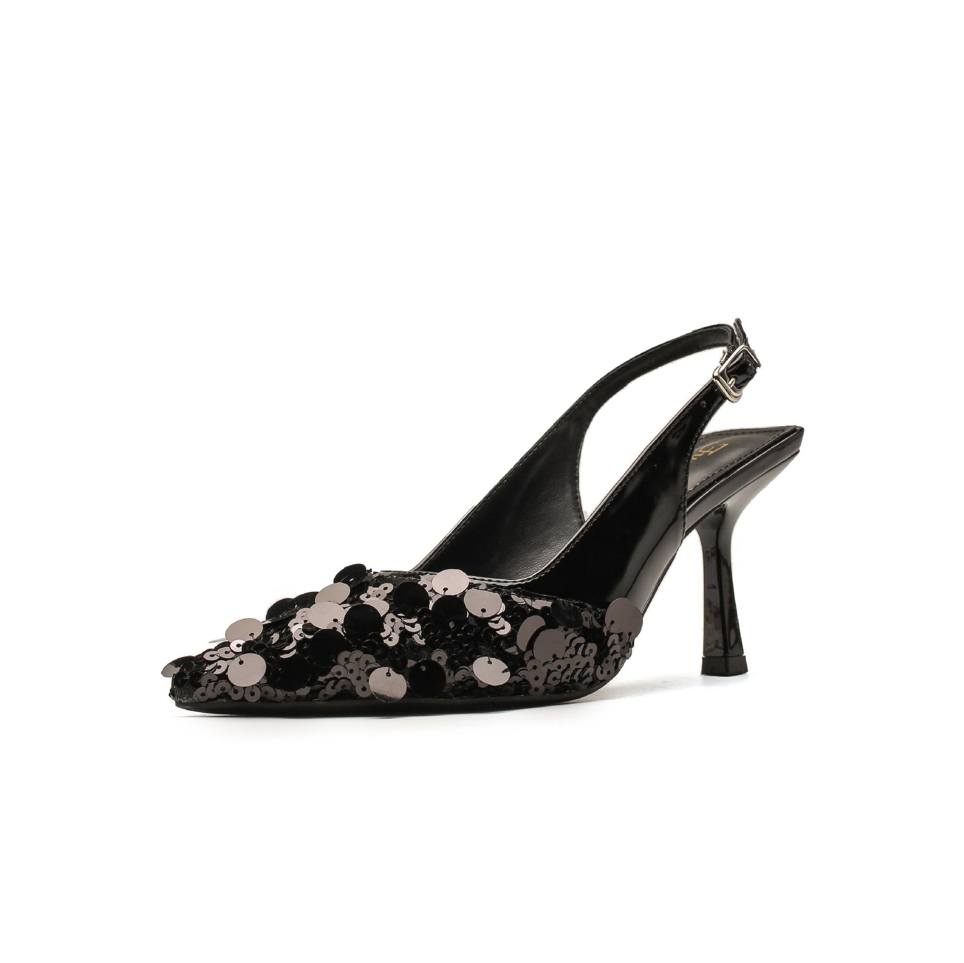 

Women pointed toe One-word Buckle Sandals Luxury Design Heels shoes Lady Leather High thin Heel shoes Elegant Sexy Sequin shoes 40