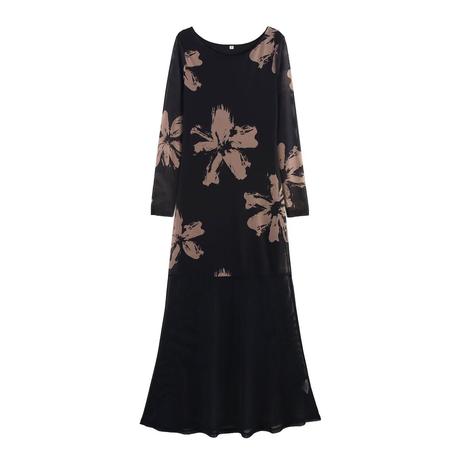 

Женское облегающее длинное платье с цветочным сетчатым пэчворком, круглым вырезом и длинными рукавами, весна/лето 2025 Extra Small чёрный